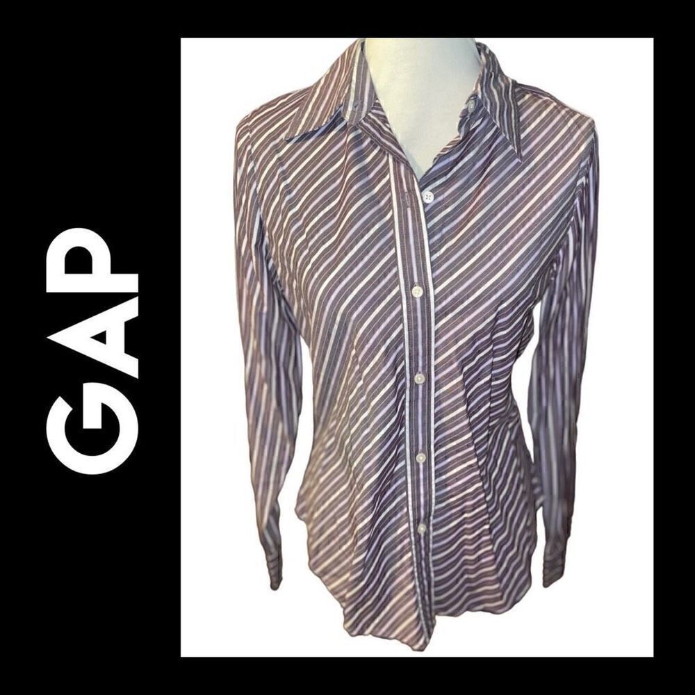 Gap Plum Striped Button Down Tailored Fit Long Sleeve 100% Cotton Top Size Mediu